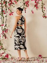 Women's Floral Print Crepe Halter Neck Cut Outs A-Line Midi Dress