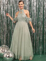 Women's Embellished Choker Neck Cold-Shoulder Sleeves Net A-Line Dress