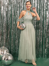 Women's Embellished Choker Neck Cold-Shoulder Sleeves Net A-Line Dress