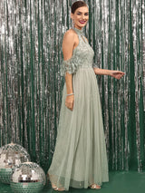 Women's Embellished Choker Neck Cold-Shoulder Sleeves Net A-Line Dress