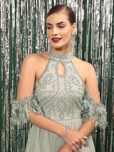 Women's Embellished Choker Neck Cold-Shoulder Sleeves Net A-Line Dress