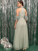 Women's Embellished Choker Neck Cold-Shoulder Sleeves Net A-Line Dress