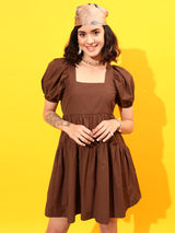 Women's Square Neck Tiered Tie-Up Pure Cotton A-Line Dress