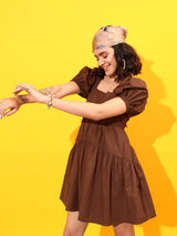 Women's Square Neck Tiered Tie-Up Pure Cotton A-Line Dress