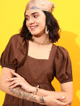 Women's Square Neck Tiered Tie-Up Pure Cotton A-Line Dress