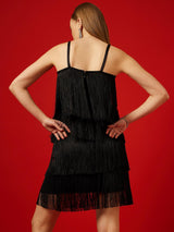 Women's Black Fringed Shoulder Straps Satin Bodycon Dress