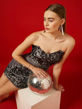 Women's Sequin Embellished Off-Shoulder Net Bodycon Mini Dress