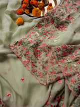 Women's Green Viscose Organza Saree