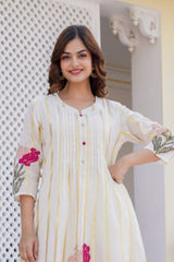 Women's Beige Fusion Regular Fit Embroidered Three Quarter Sleeves Kurtas Sets
