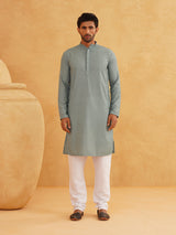 Men's Green Full Sleeves Embroidered Straight Kurta