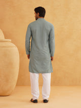 Men's Green Full Sleeves Embroidered Straight Kurta