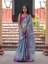 Women's Silver Cotton Zari Saree