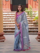 Women's Silver Cotton Zari Saree