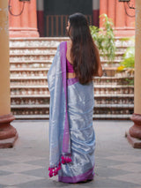 Women's Silver Cotton Zari Saree