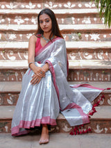 Women's Silver Cotton Zari Saree