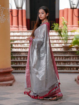 Women's Silver Cotton Zari Saree
