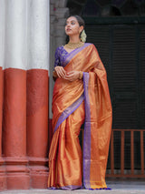 Women's Orange Cotton Zari Saree
