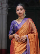 Women's Orange Cotton Zari Saree