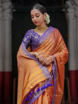 Women's Orange Cotton Zari Saree