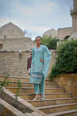 Women's Blue Fusion Regular Fit Embroidered Full Sleeves Kurtas Sets