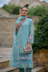 Women's Blue Fusion Regular Fit Embroidered Full Sleeves Kurtas Sets