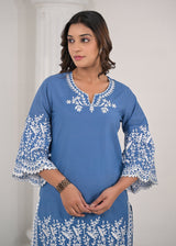 Women's Blue Work Regular Fit Embroidered Three Quarter Sleeves Co-Ord Sets