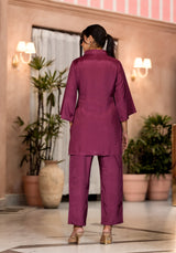 Women's Purple Work Regular Fit Embroidered Three Quarter Sleeves Co-Ord Sets