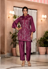 Women's Purple Work Regular Fit Embroidered Three Quarter Sleeves Co-Ord Sets