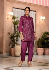 Women's Purple Work Regular Fit Embroidered Three Quarter Sleeves Co-Ord Sets