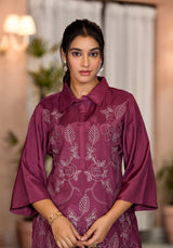 Women's Purple Work Regular Fit Embroidered Three Quarter Sleeves Co-Ord Sets