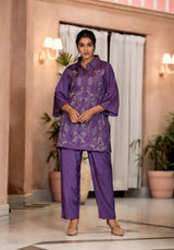 Women's Purple Work Regular Fit Embroidered Three Quarter Sleeves Co-Ord Sets