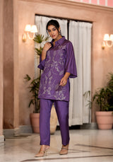 Women's Purple Work Regular Fit Embroidered Three Quarter Sleeves Co-Ord Sets