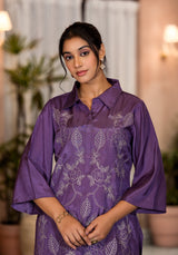 Women's Purple Work Regular Fit Embroidered Three Quarter Sleeves Co-Ord Sets