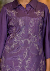 Women's Purple Work Regular Fit Embroidered Three Quarter Sleeves Co-Ord Sets