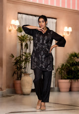 Women's Black Work Regular Fit Embroidered Three Quarter Sleeves Co-Ord Sets