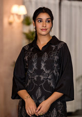 Women's Black Work Regular Fit Embroidered Three Quarter Sleeves Co-Ord Sets