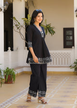 Women's Black Work Regular Fit Embroidered Three Quarter Sleeves Co-Ord Sets