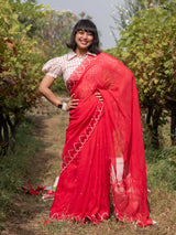 Women's Red Viscose Organza Saree with Blouse Piece