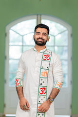 Men's White Embroidered Full Sleeves Festive OM Kurta