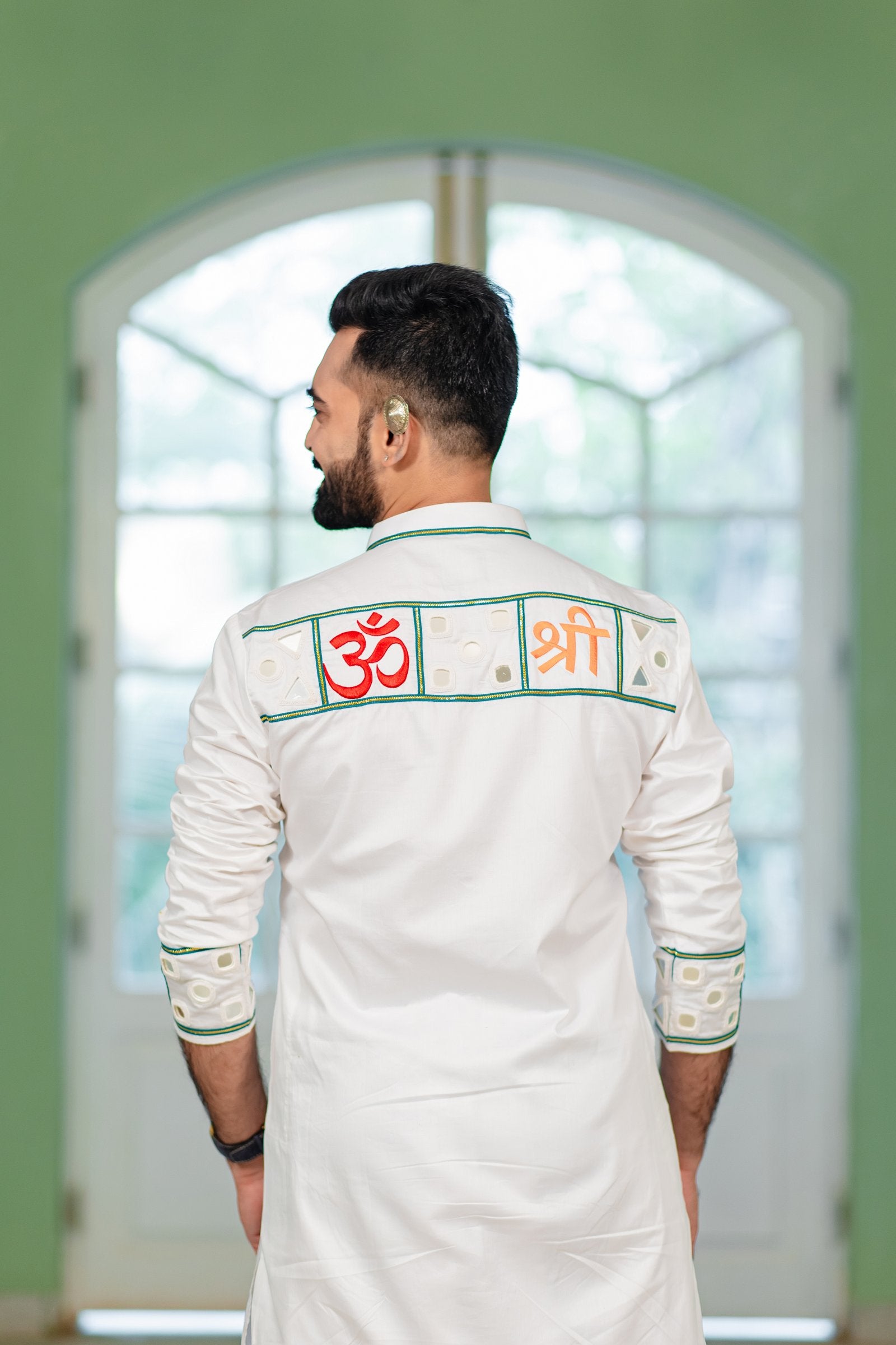 Men's White Embroidered Full Sleeves Festive OM Kurta