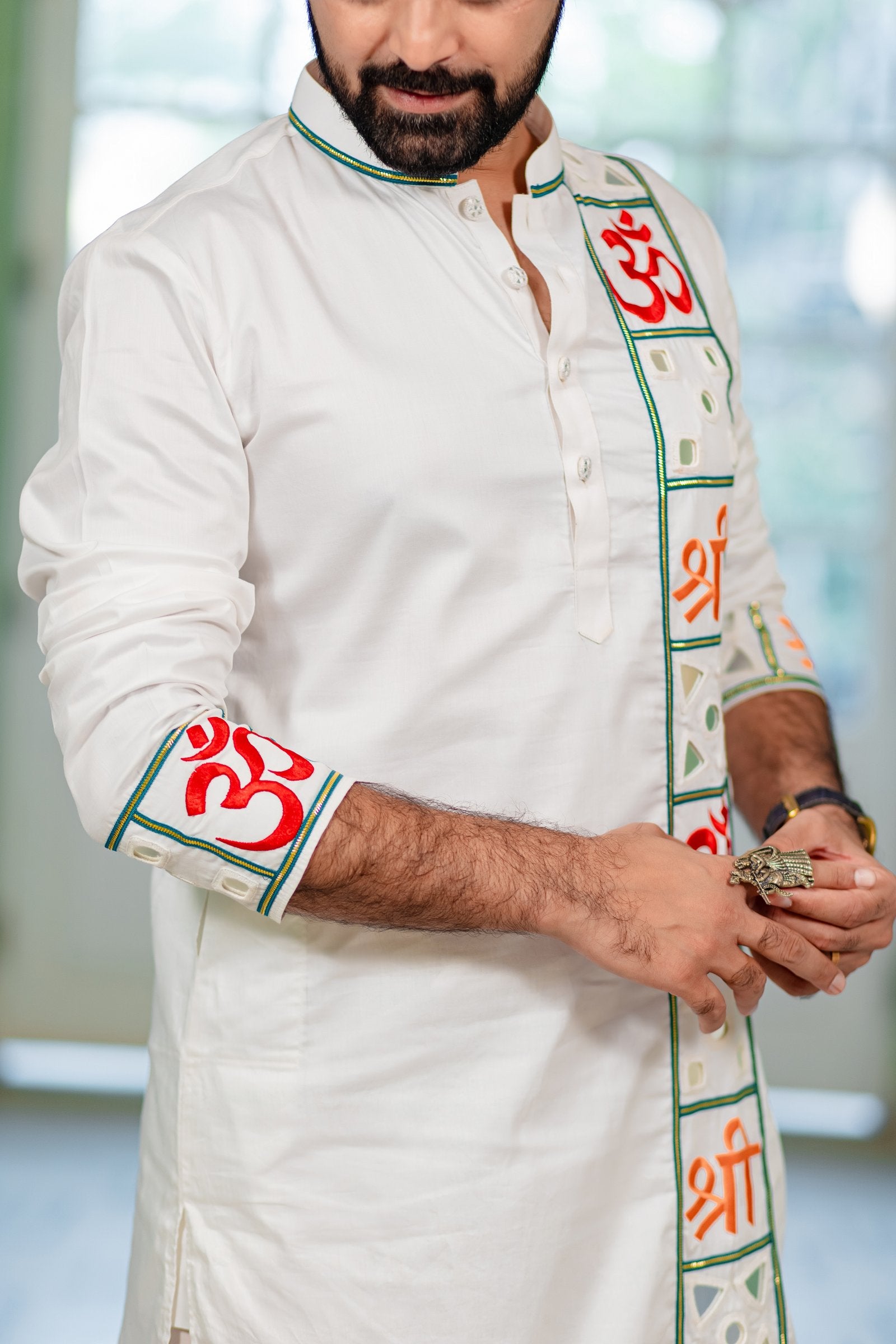 Men's White Embroidered Full Sleeves Festive OM Kurta