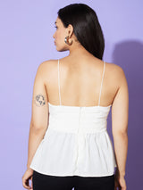 Women's Off White Shoulder Strap Crepe Peplum Top