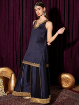 Women's Navy Floral Embroidered Gotta Patti Straight Kurta with Sharara