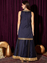 Women's Navy Floral Embroidered Gotta Patti Straight Kurta with Sharara