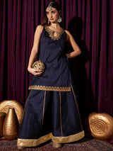 Women's Navy Floral Embroidered Gotta Patti Straight Kurta with Sharara
