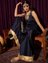 Women's Navy Floral Embroidered Gotta Patti Straight Kurta with Sharara