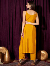 Women's Yellow Floral Yoke Design Shoulder Straps Sleeveless Kurta Set