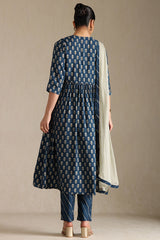 Women's Blue Viscose Botanical Print Suit Set With Zardozi