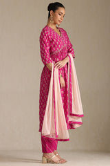 Women's Fuchsia Viscose Botanical Print Suit Set With Zardozi