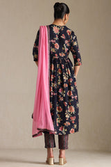 Women's Navy Blue Viscose Blend Floral Print Suit Set With Beads